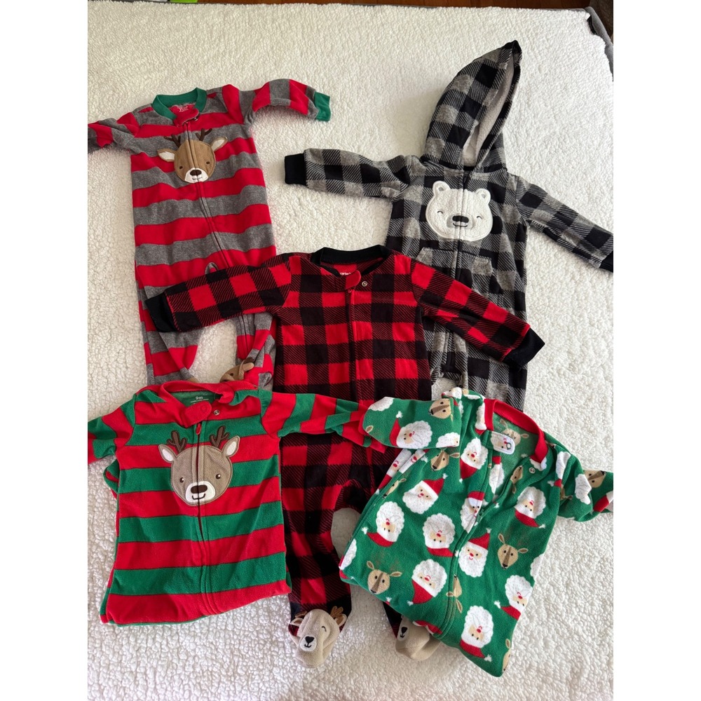 Carter's Baby Holiday Fleece Pajama Bundle 5pc Reindeer Santa Buffalo Plaid 9M